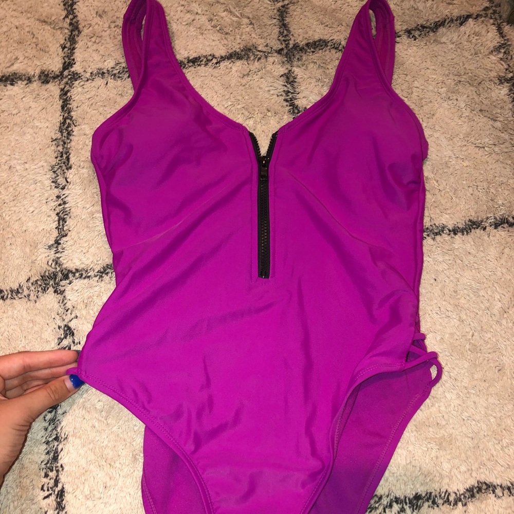 Purple/Pink One piece with open back and zipper